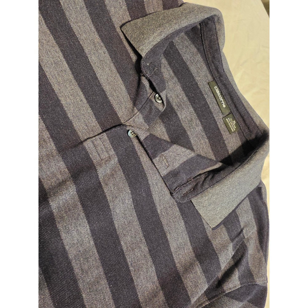Claiborne Polo Shirt Mens XL Blue Grey Cotton Blend Striped Short Sleeve Classic